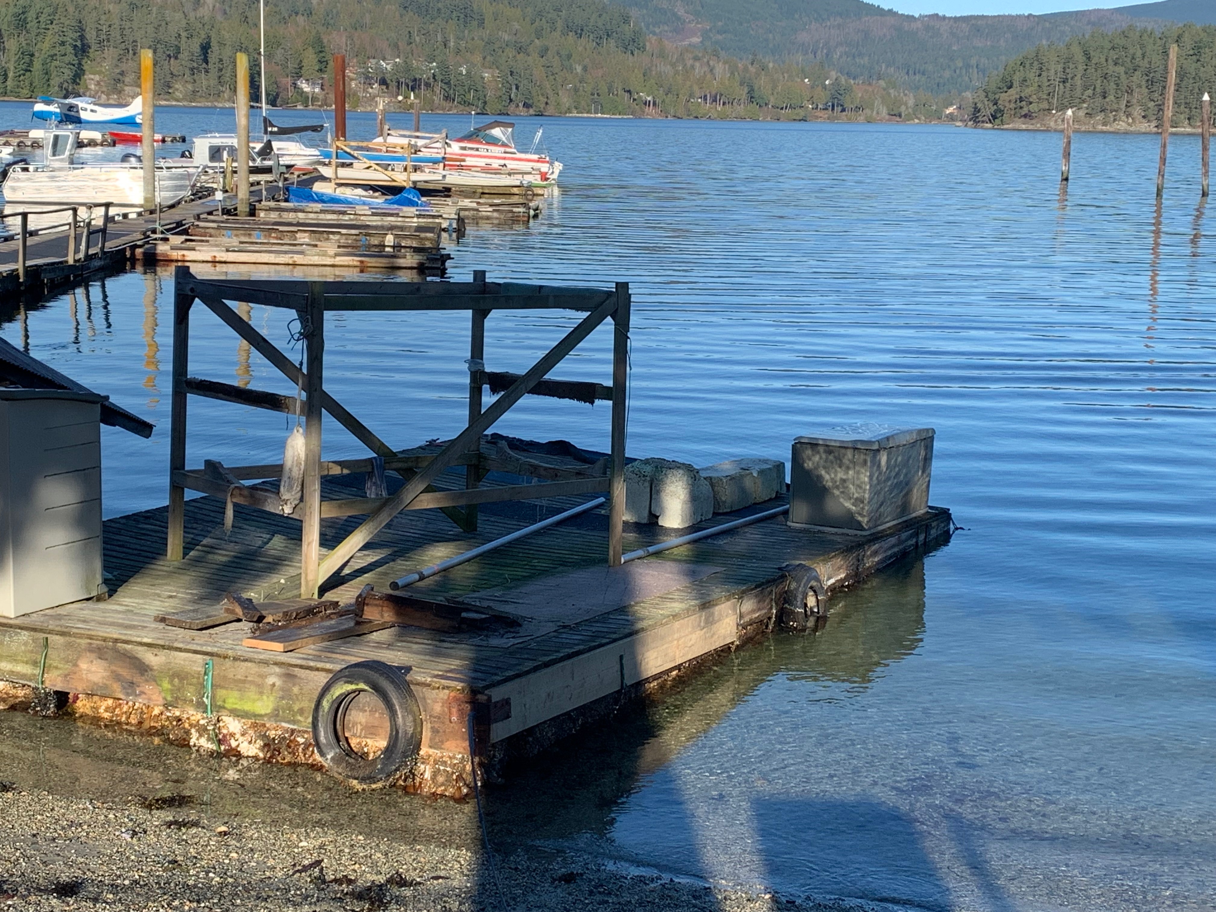 One of our three floats on the shore of Porpoise Bay.